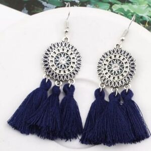 NEW Navy Blue Western Tribal Tassel Dangling Earrings Preppy Clueless (#1,046)